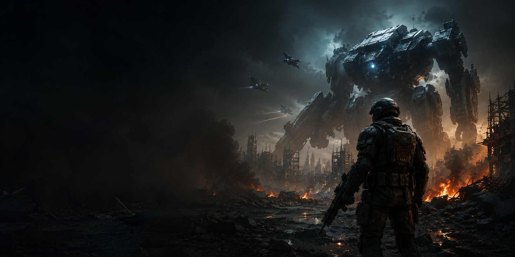soldier and mek in a wasteland city